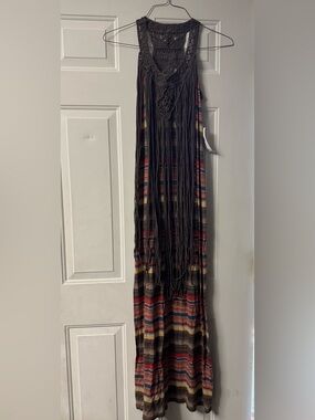 Ralph Lauren Boho Denim & Supply Crochet Halter Fringe Striped Maxi Dress